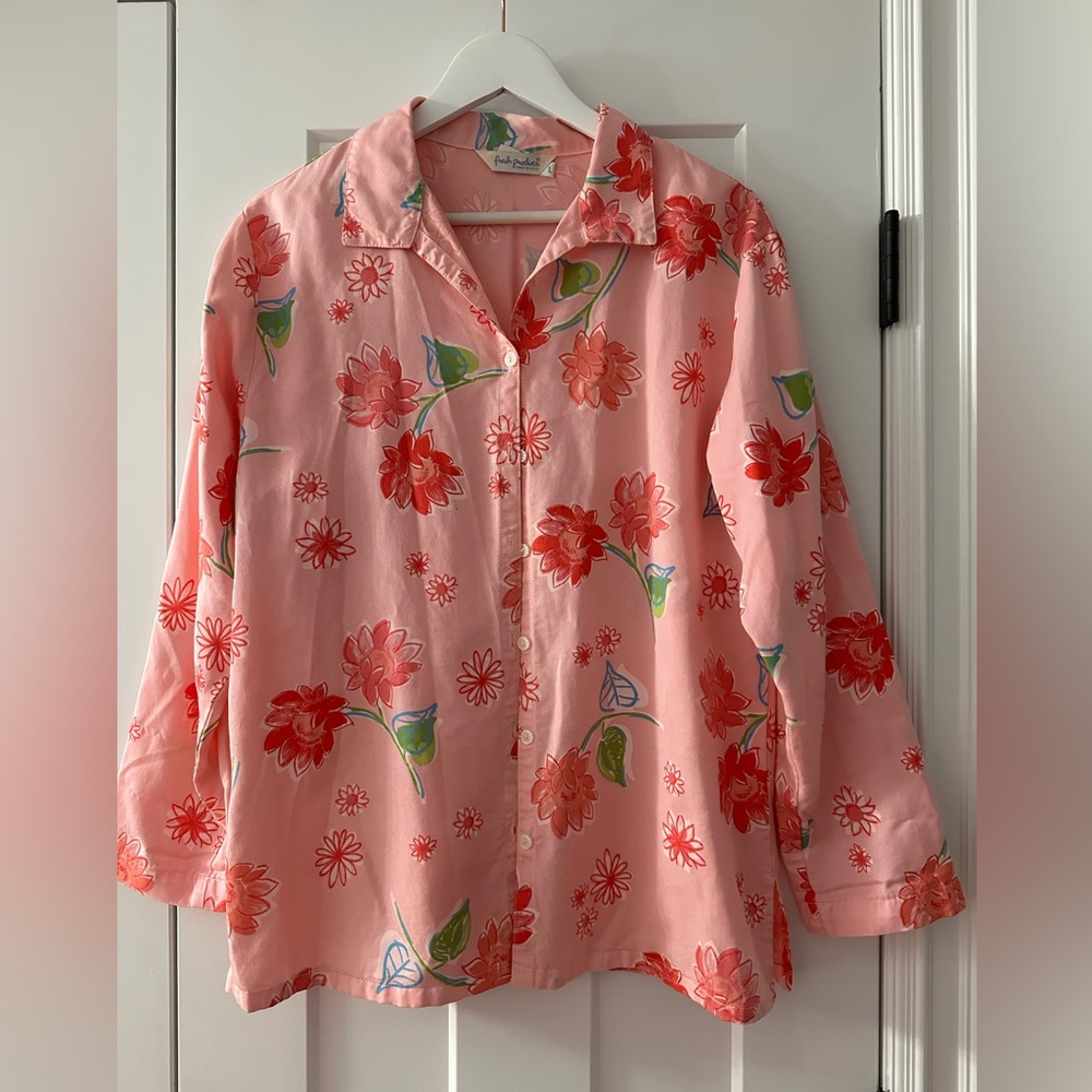 Women's Fresh Produce Orange Floral Long Sleeve Button Front Shirt Size L